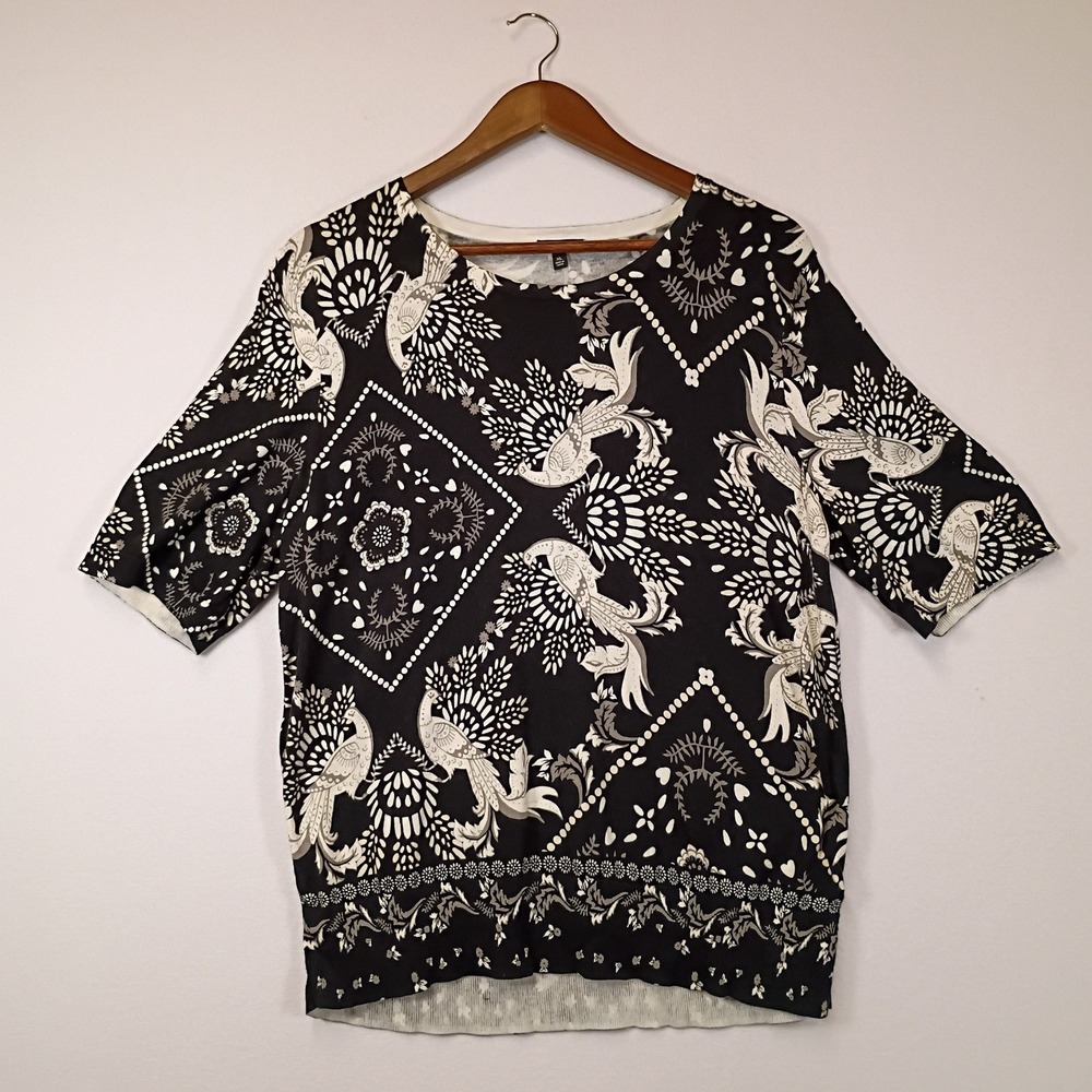 Boho Chic Talbots Womens XL Black White Peacock Medallion Knit Elbow Sleeve Top